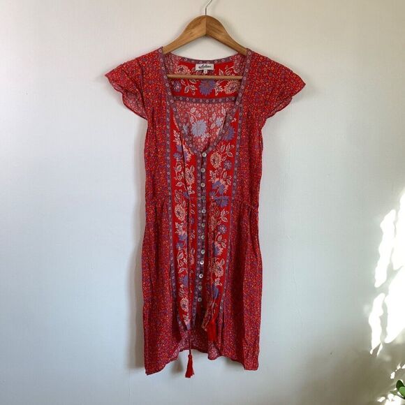 Arnhem Ophelia Floral Button Front Tassel Mini Dress Salsa Red AUS 8 US S 4 - Picture 4 of 14